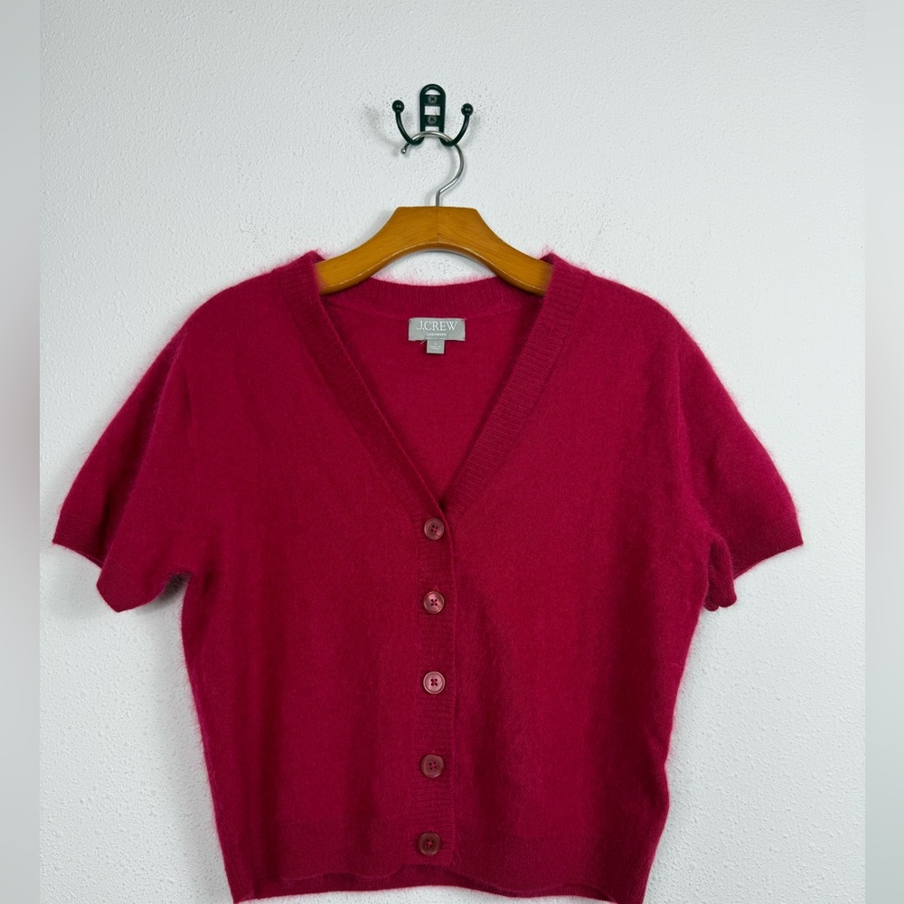 J.Crew Brushed cashmere short-sleeve cardigan Crimson Rouge Sz Small - Picture 2 of 7